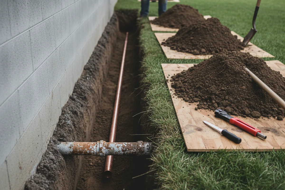 Excavated water line trench during Sewer Line Repair in Oviedo